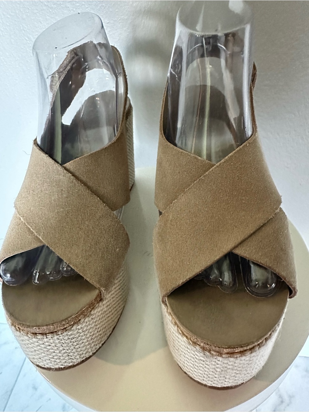 Pedro Garcia Tan Suede Crisscross Platform Espadrille Wedges